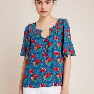 Anthropologie Maeve Letita Floral Printed Smocked Flutter Sleeve Top Size L